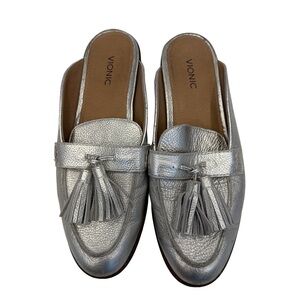 VIONIC‎ Reagan Tassel Mules 9.5 Metallic Silver Leather Slip-On Comfort Shoes